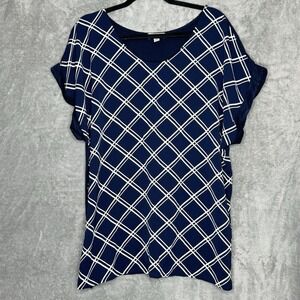 Emi & Joe 2X Top Shirt Navy Blue White Striped Cap Short Sleeve Scoop Neck Women